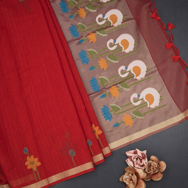 Raw Silk Red Thread Work Saree