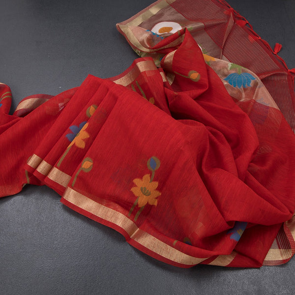 Raw Silk Red Thread Work Saree