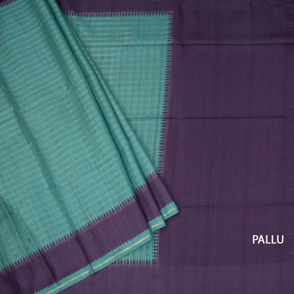 Raw Silk Peacocok Green Zari Checked Saree