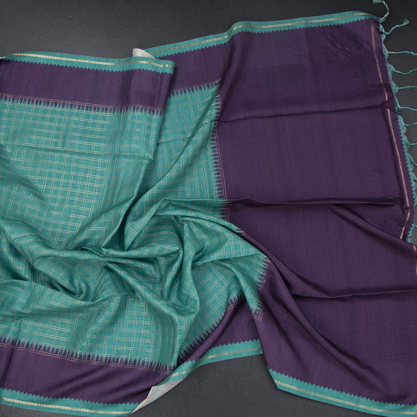Raw Silk Peacocok Green Zari Checked Saree