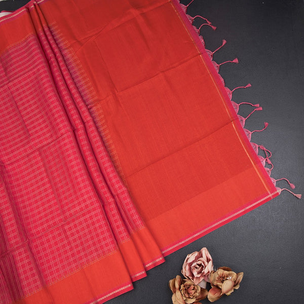 Raw Silk Reddish Pink Zari Checked Saree