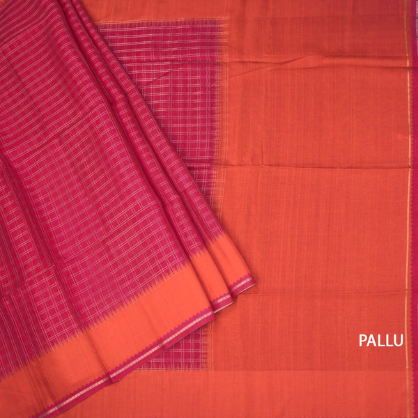 Raw Silk Reddish Pink Zari Checked Saree