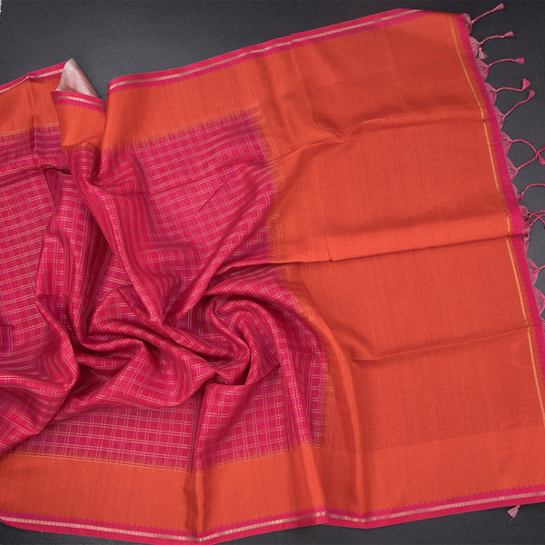 Raw Silk Reddish Pink Zari Checked Saree