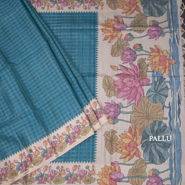 Raw Silk Peacock Blue Zari Checked Saree
