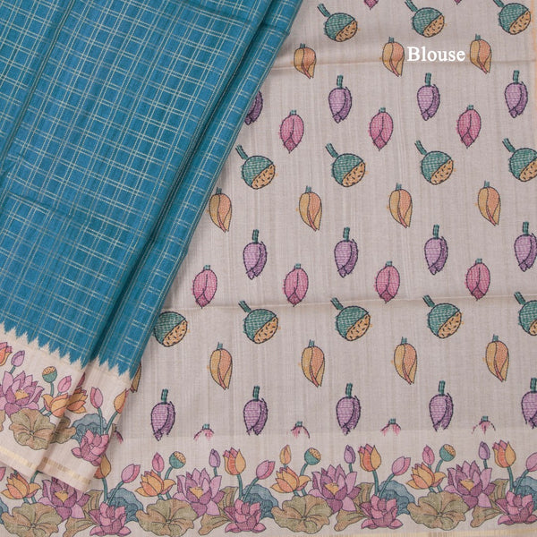 Raw Silk Peacock Blue Zari Checked Saree