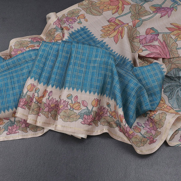 Raw Silk Peacock Blue Zari Checked Saree