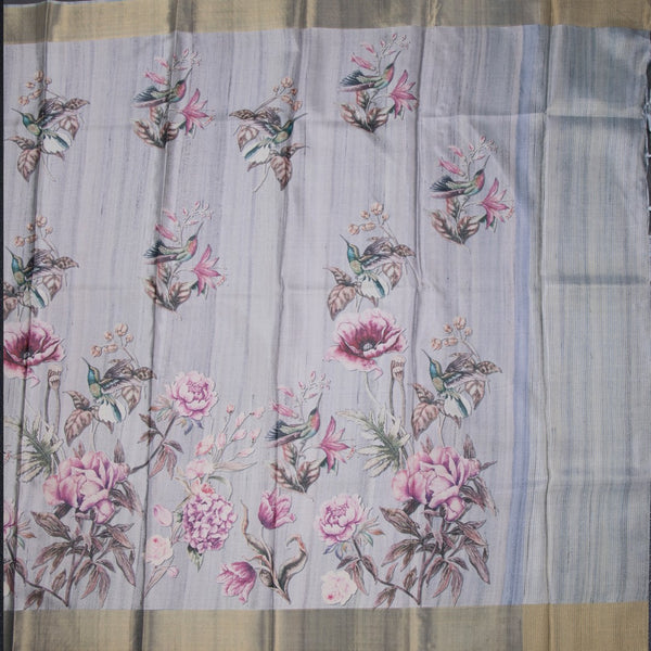 Raw Silk Grey Floral Printed Saree