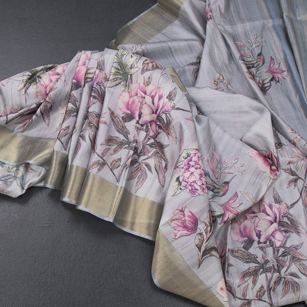 Raw Silk Grey Floral Printed Saree
