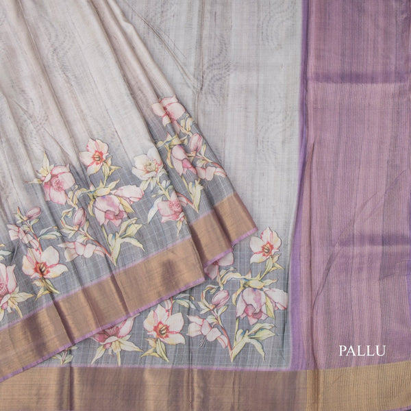 Raw Silk Grey Floral Printed Saree 02