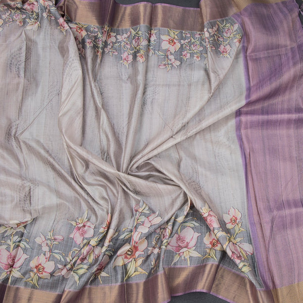 Raw Silk Grey Floral Printed Saree 02