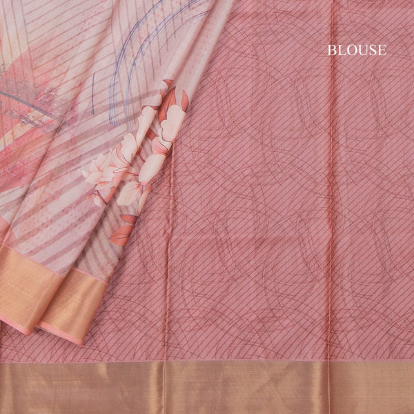 Raw Silk Peach Floral Printed Saree 04