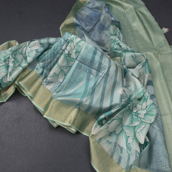 Raw Silk Green Floral Printed Saree