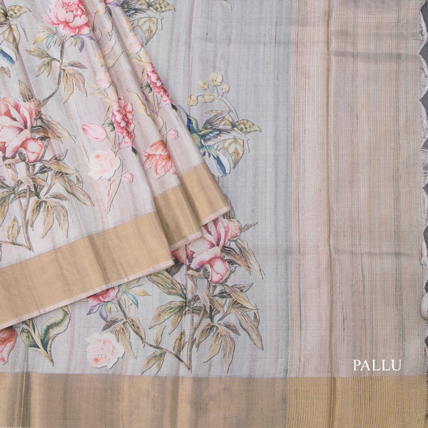 Raw Silk Grey Floral Printed Saree 03