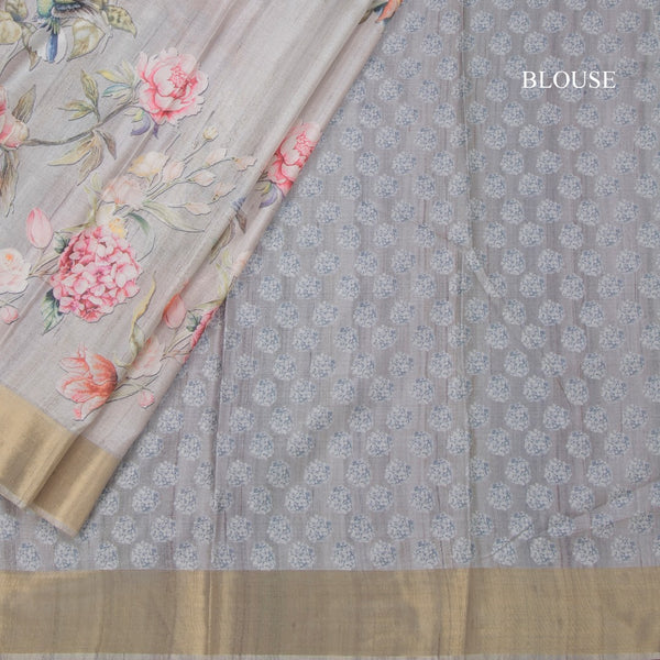 Raw Silk Grey Floral Printed Saree 03