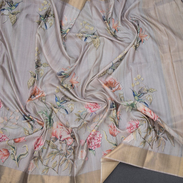 Raw Silk Grey Floral Printed Saree 03