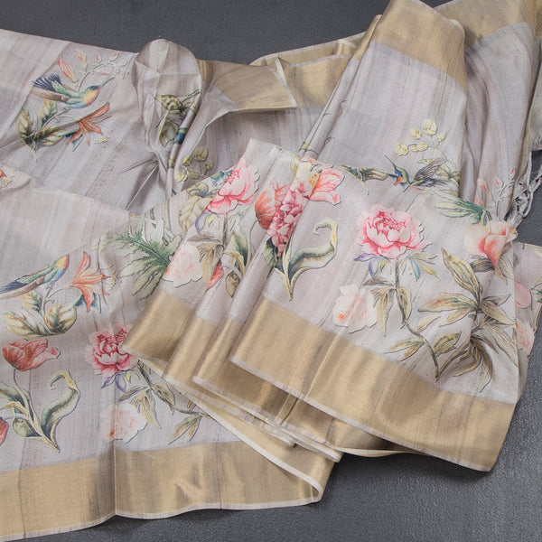 Raw Silk Grey Floral Printed Saree 03
