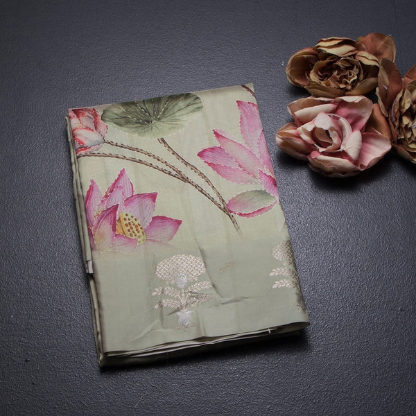 Raw Silk Pista Green Floral Printed Saree