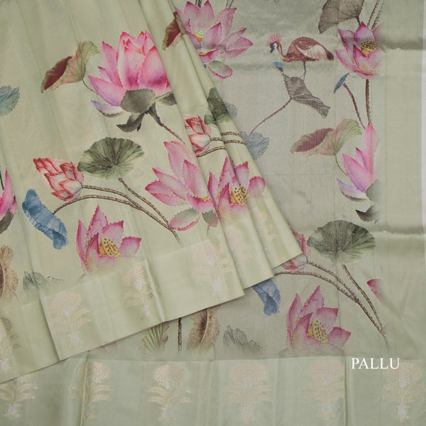 Raw Silk Pista Green Floral Printed Saree