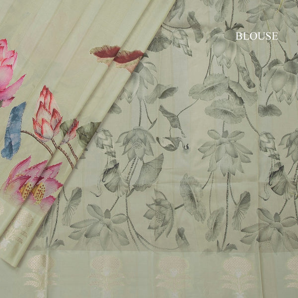 Raw Silk Pista Green Floral Printed Saree