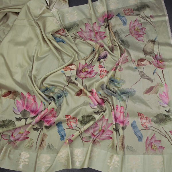 Raw Silk Pista Green Floral Printed Saree