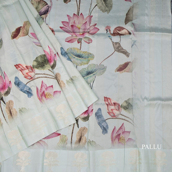 Raw Silk Ice Green Floral Printed Saree