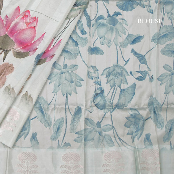 Raw Silk Ice Green Floral Printed Saree