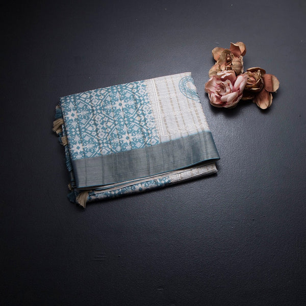 Raw Silk Blue Printed Saree