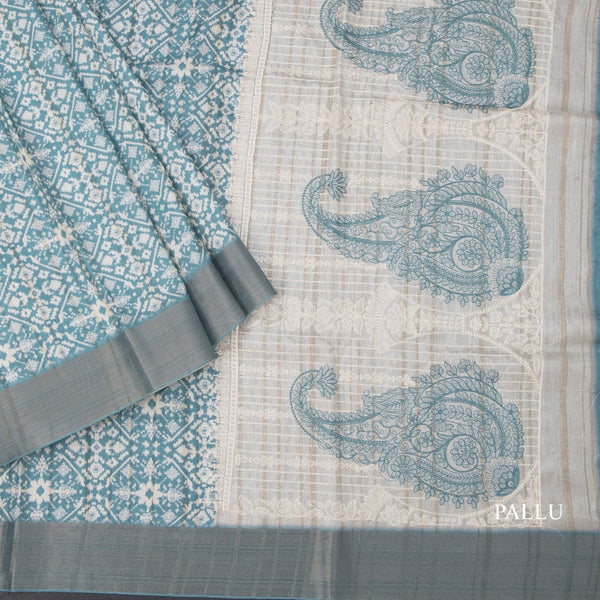 Raw Silk Blue Printed Saree