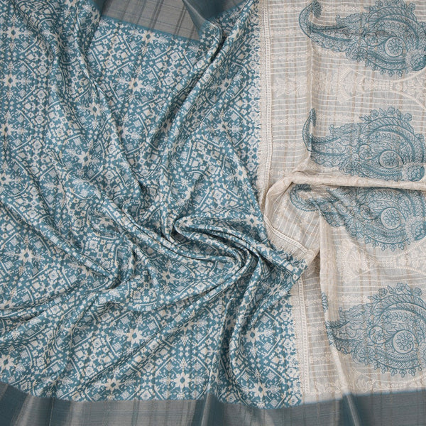 Raw Silk Blue Printed Saree