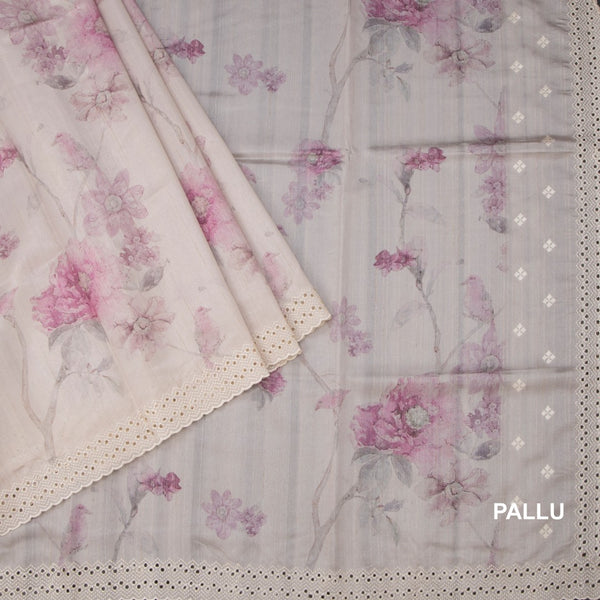 Raw Silk Cream Floral Printed Saree 05