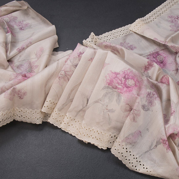Raw Silk Cream Floral Printed Saree 05