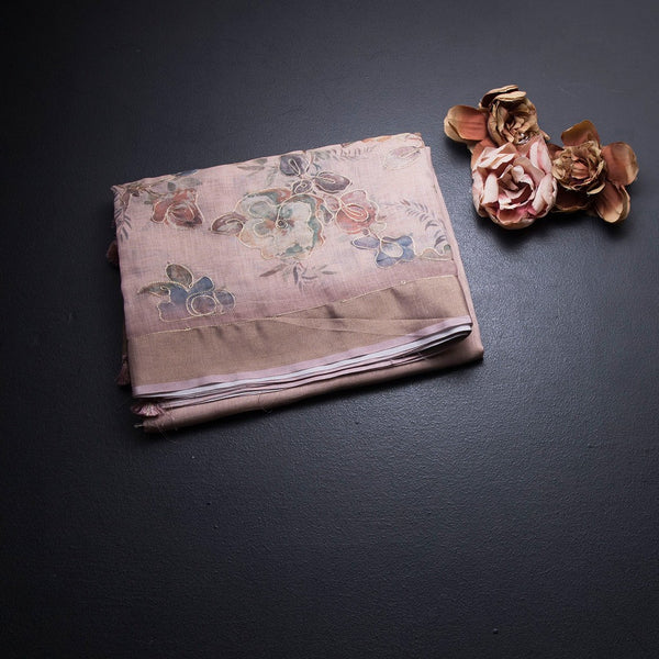 Semi Linen Light Peach Floral Printed With Zari Thread Work Saree