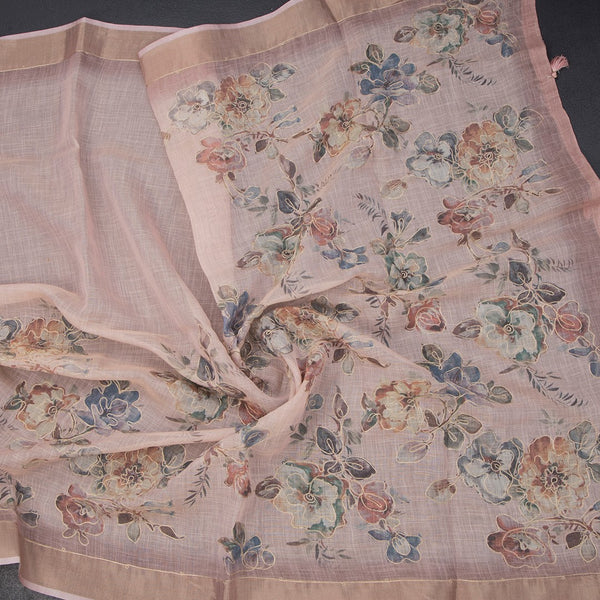 Semi Linen Light Peach Floral Printed With Zari Thread Work Saree