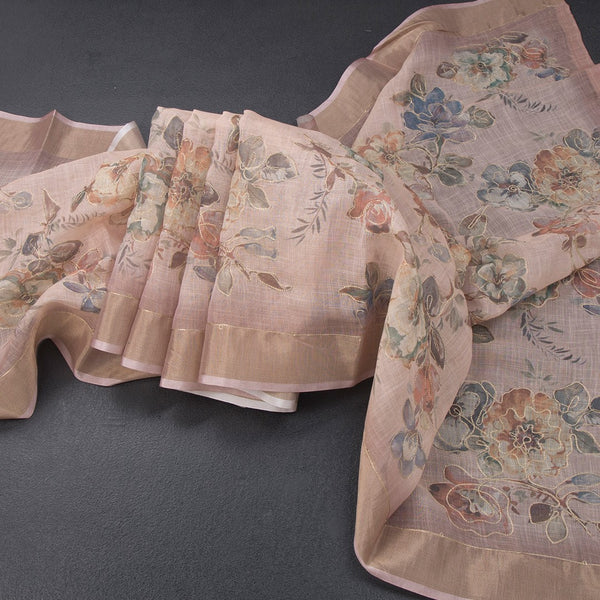 Semi Linen Light Peach Floral Printed With Zari Thread Work Saree