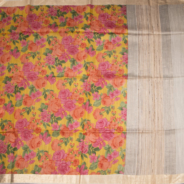 Pure Tussar Yellow Floral Printed Saree 02