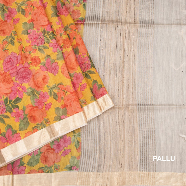 Pure Tussar Yellow Floral Printed Saree 02