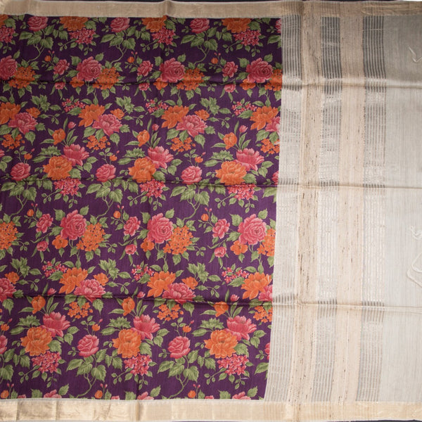Pure Tussar Purple Floral Printed Saree