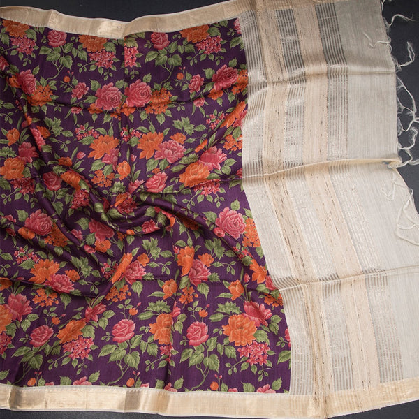 Pure Tussar Purple Floral Printed Saree