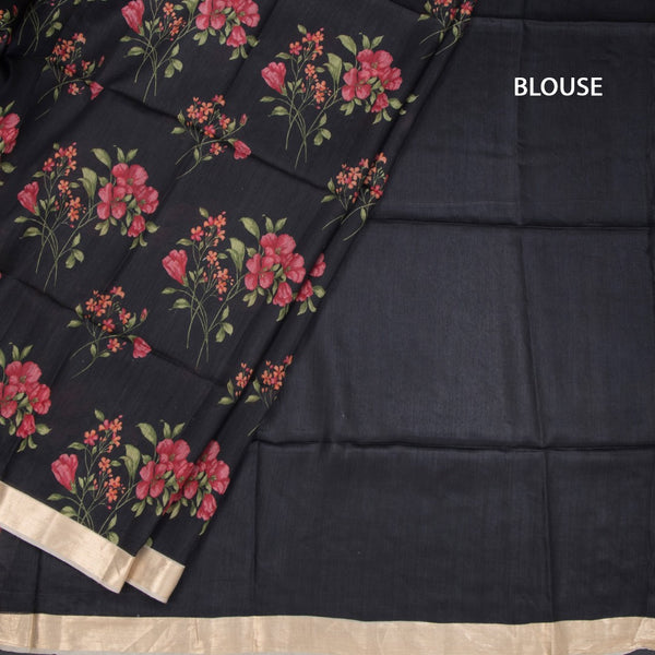 Pure Tussar Black Floral Printed Saree