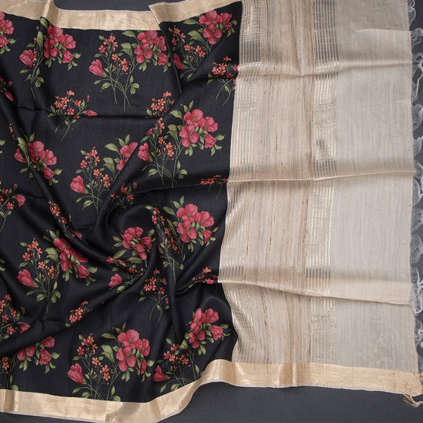 Pure Tussar Black Floral Printed Saree