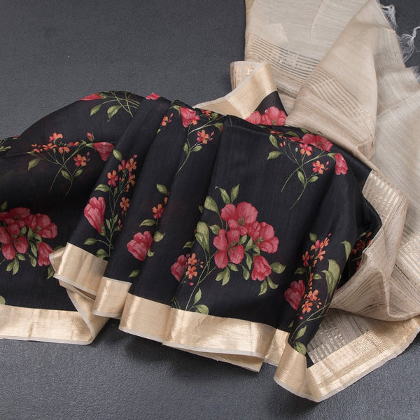 Pure Tussar Black Floral Printed Saree