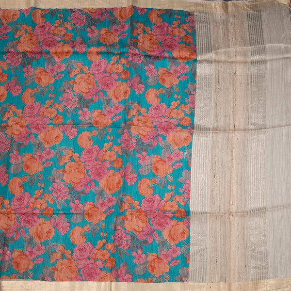 Pure Tussar Blue Floral Printed Saree 04