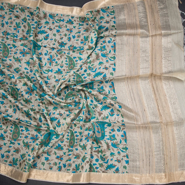 Pure Tussar Cream Leaf Printed Saree