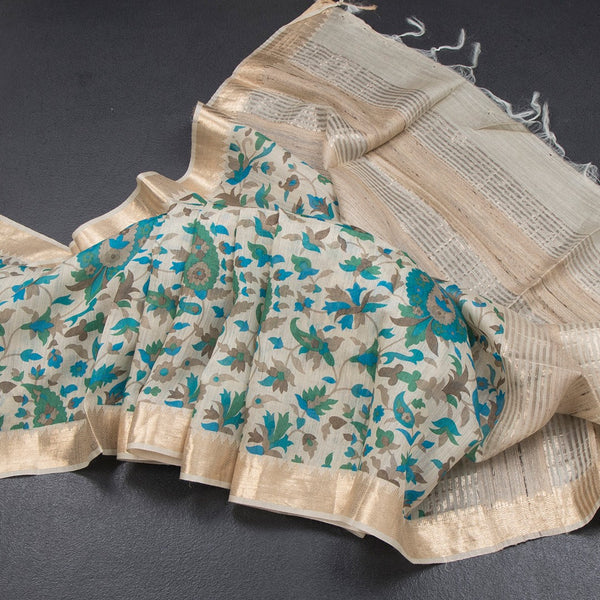 Pure Tussar Cream Leaf Printed Saree