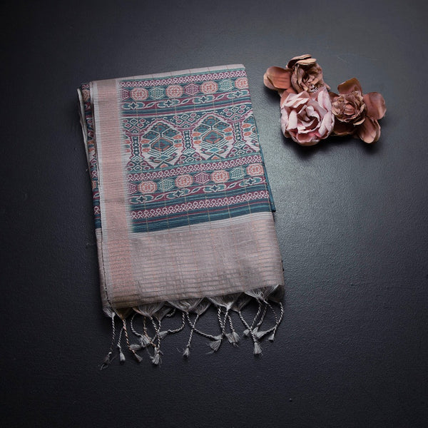Raw Silk Teal Blue Zari Checked With Printed Saree