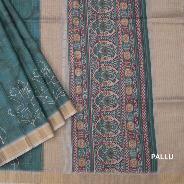 Raw Silk Teal Blue Zari Checked With Printed Saree