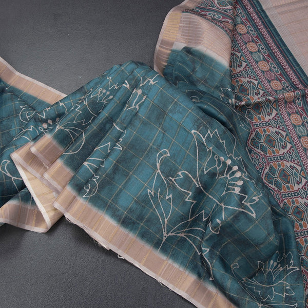 Raw Silk Teal Blue Zari Checked With Printed Saree