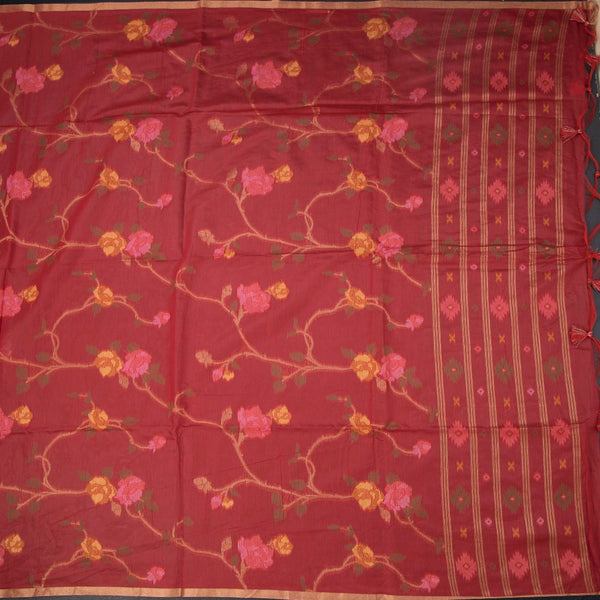 Silk Cotton Red Floral Thread Work Saree 02
