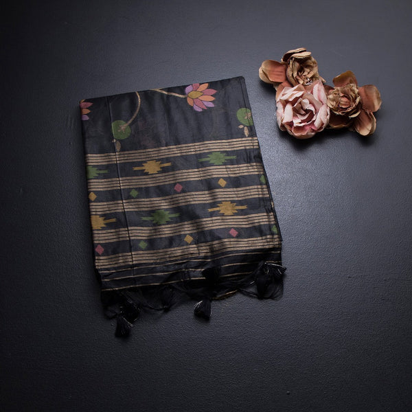 Silk Cotton Black Floral Thread Work Saree 02