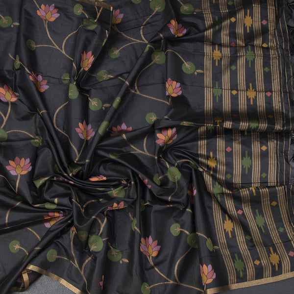Silk Cotton Black Floral Thread Work Saree 02